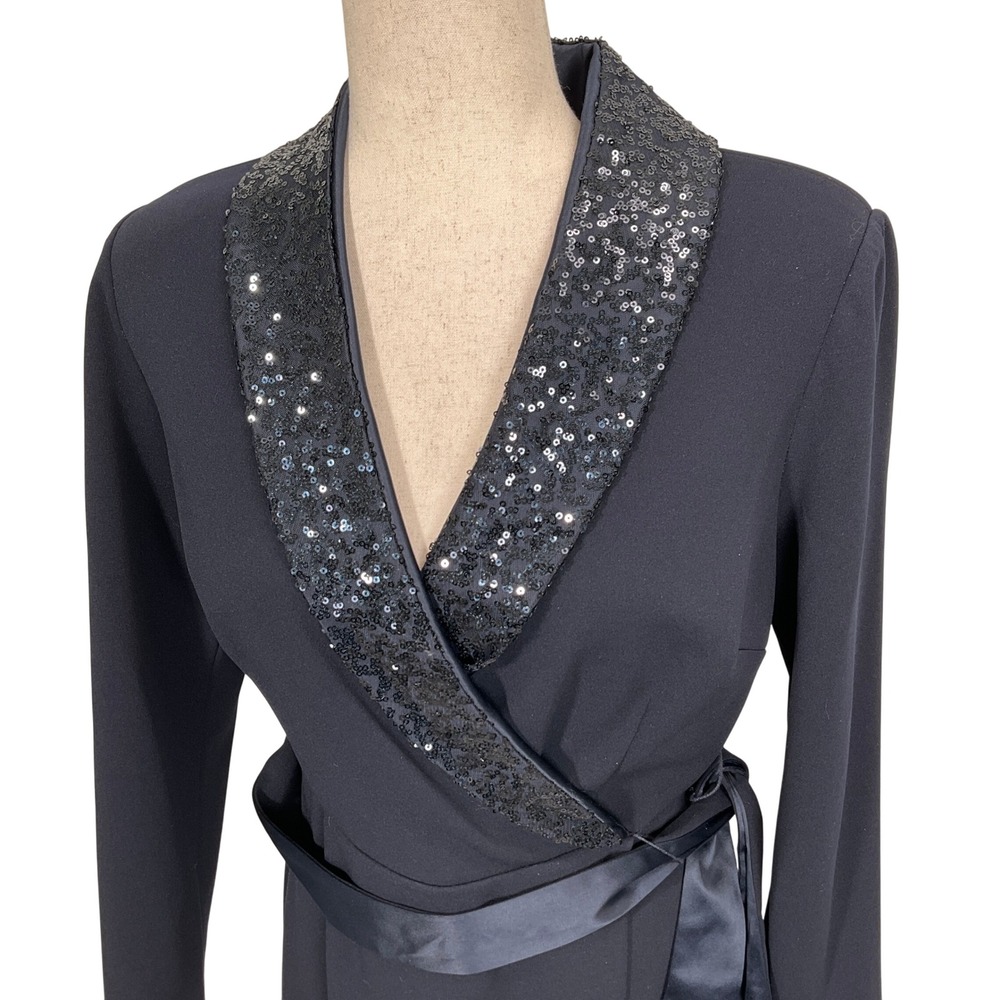 Adrianna Papell Tuxedo Dress Womens 6 Midnight Navy Sequin Luxury Formal Wrap - Picture 2 of 14